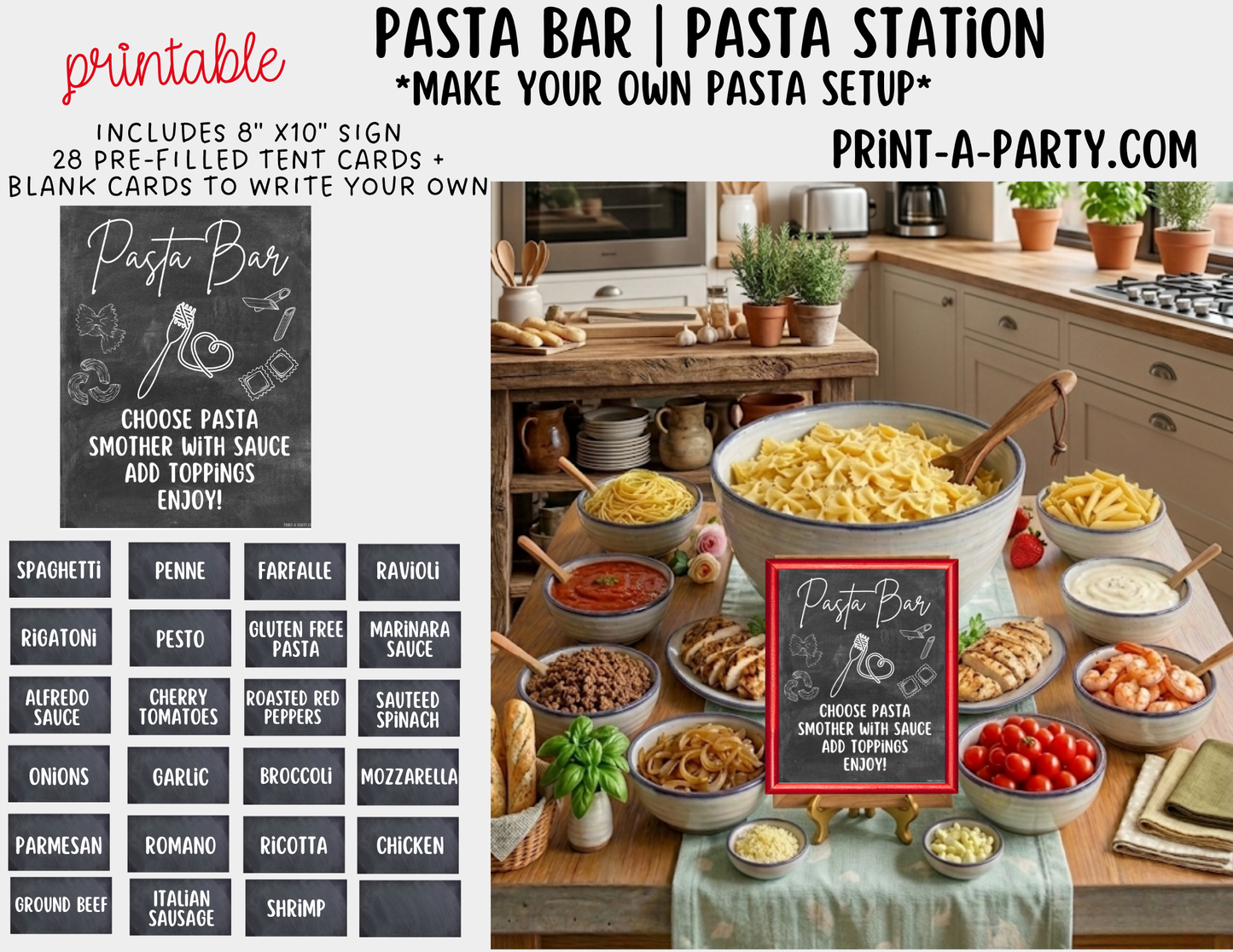 Pasta Bar Printable Sign (8x10) and Topping Tent Cards - Party Event Buffet Decor