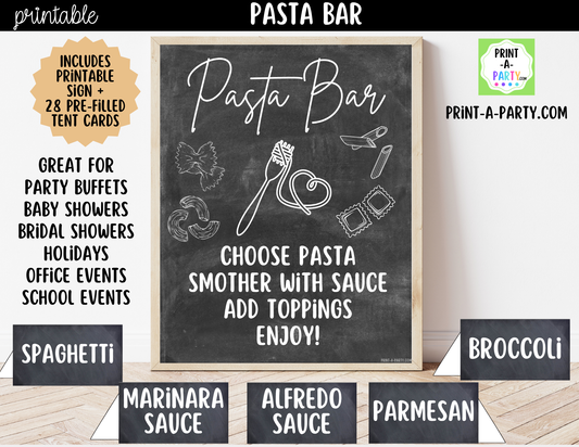 Pasta Bar Printable Sign (8x10) and Topping Tent Cards - Party Event Buffet Decor