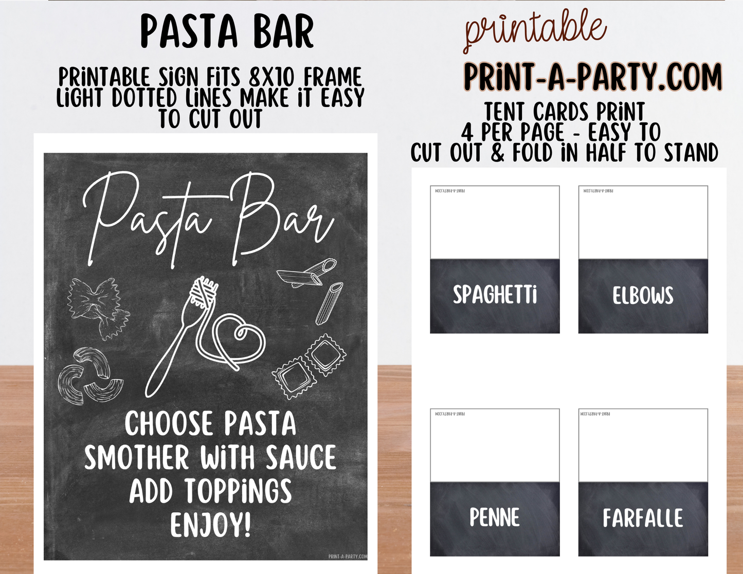 Pasta Bar Printable Sign (8x10) and Topping Tent Cards - Party Event Buffet Decor