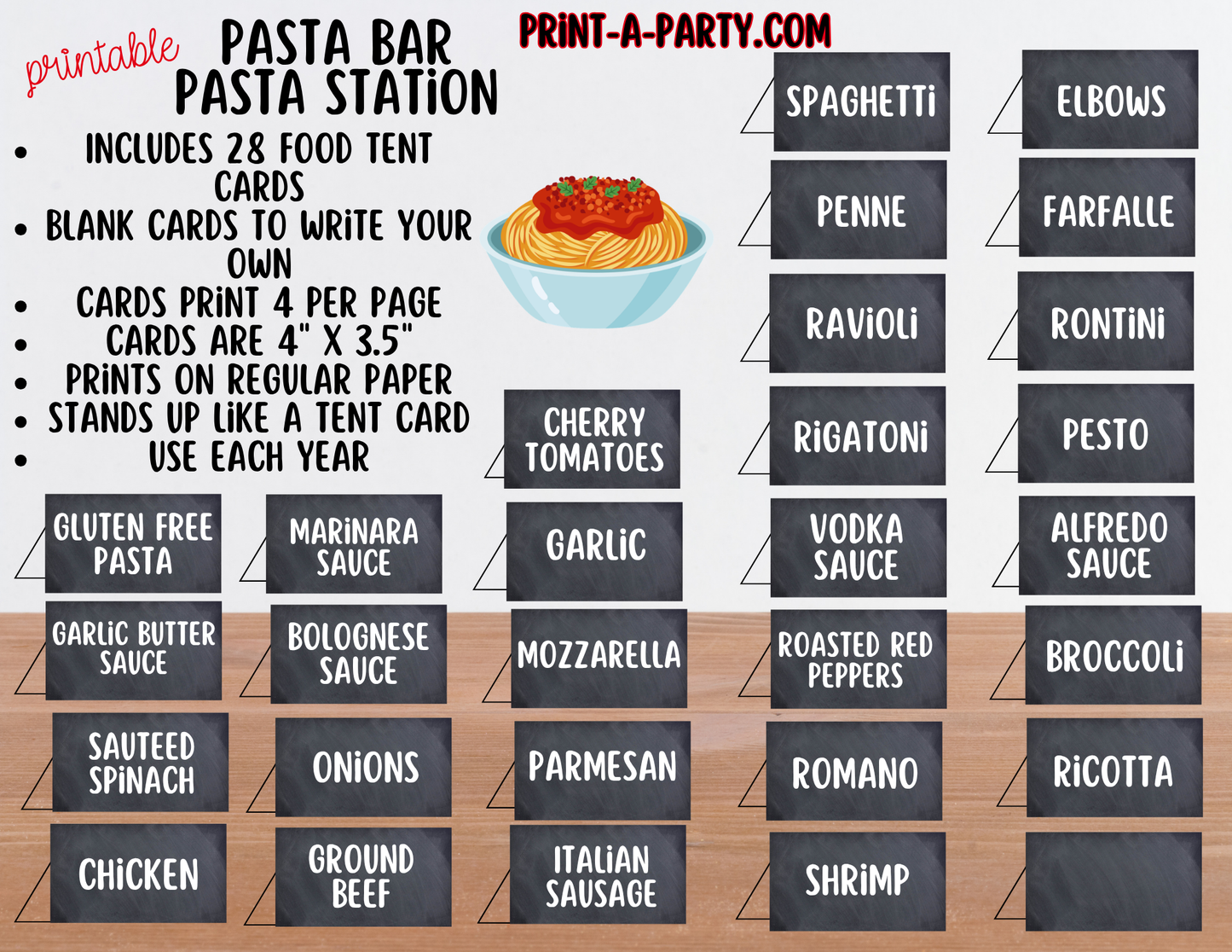 Pasta Bar Printable Sign (8x10) and Topping Tent Cards - Party Event Buffet Decor