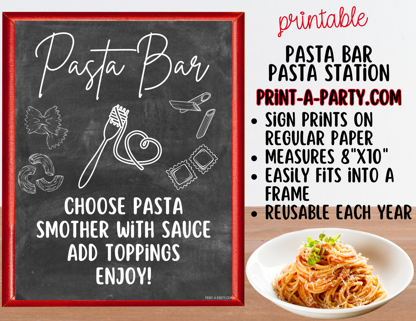 Pasta Bar Printable Sign (8x10) and Topping Tent Cards - Party Event Buffet Decor
