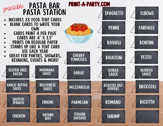 PASTA BAR Sign and Food Tent Cards - Chalkboard - perfect for parties ...