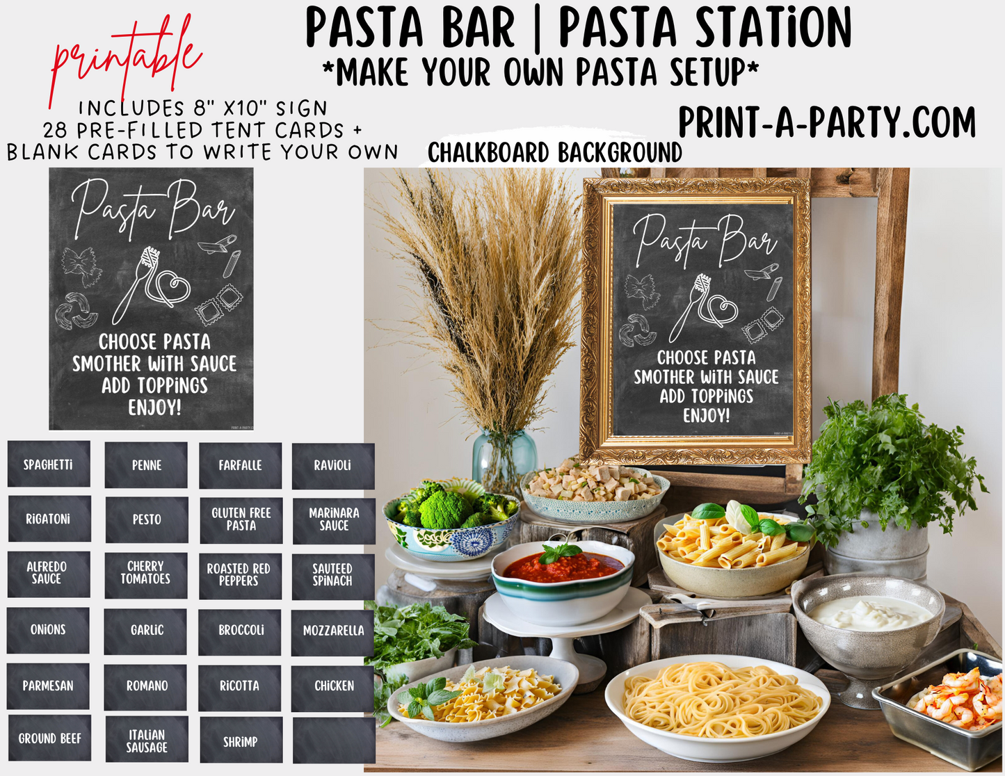 PASTA BAR | PASTA STATION Setup - Chalkboard | Pasta Bar Sign | Food Station for Party | Food Bar for Party | Party | Shower | DIY Pasta Bar