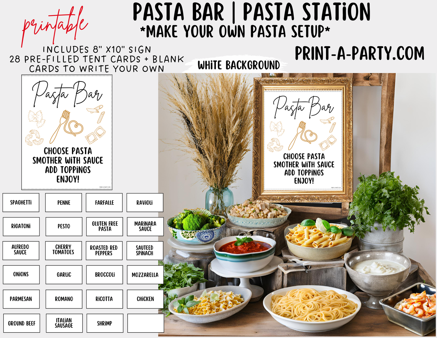 PASTA BAR | PASTA STATION Setup - White | Pasta Bar Sign | Food Station for Party | Food Bar for Party | Party | Shower | DIY Pasta Bar