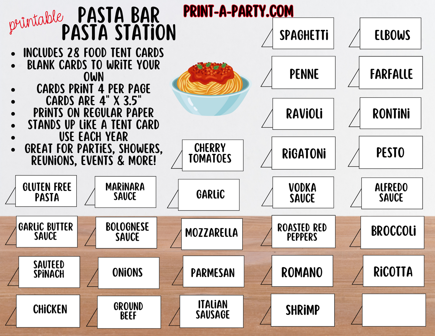 PASTA BAR Sign and Food Tent Cards - White - perfect for parties, showers, office gatherings and holiday buffets!