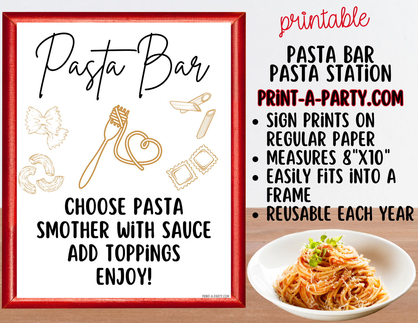 Pasta Bar Printable Sign (8x10) and Topping Tent Cards - Party Event Buffet Decor