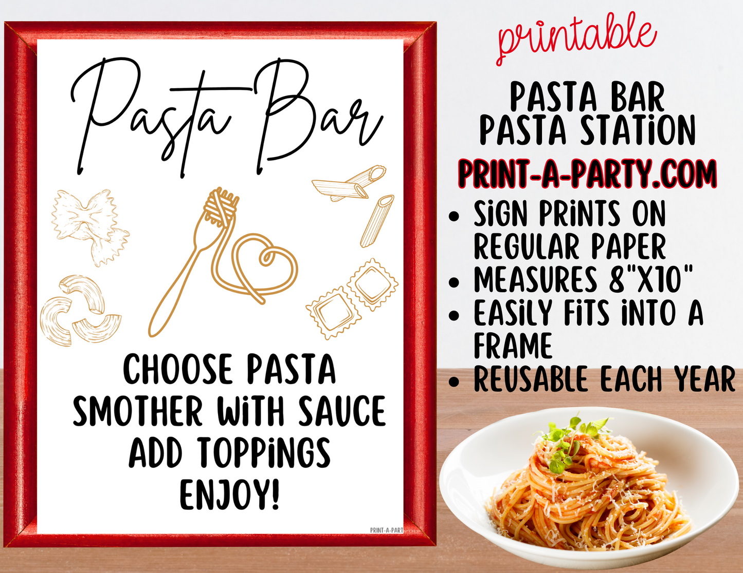 PASTA BAR Sign and Food Tent Cards - White - perfect for parties, showers, office gatherings and holiday buffets!