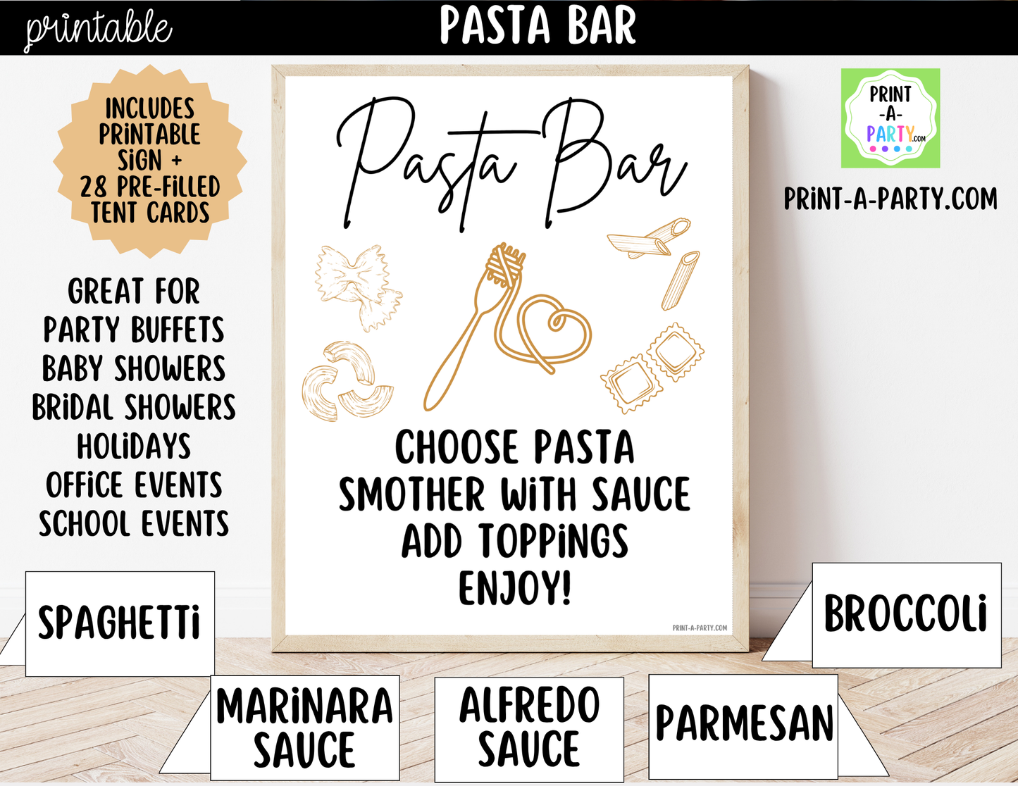 Pasta Bar Printable Sign (8x10) and Topping Tent Cards - Party Event Buffet Decor