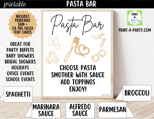 Pasta Bar Printable Sign (8x10) and Topping Tent Cards - Party Event Buffet Decor