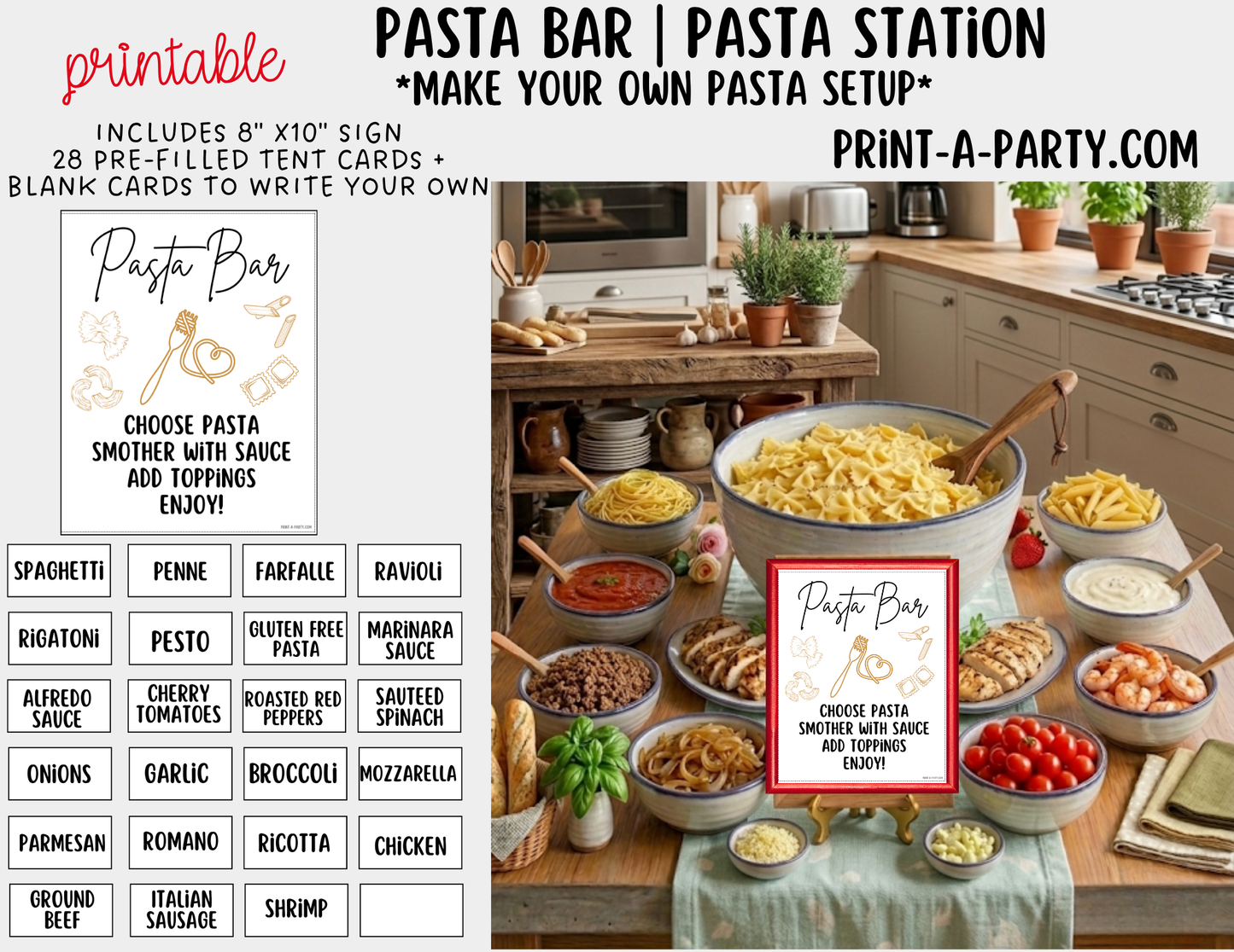 Pasta Bar Printable Sign (8x10) and Topping Tent Cards - Party Event Buffet Decor