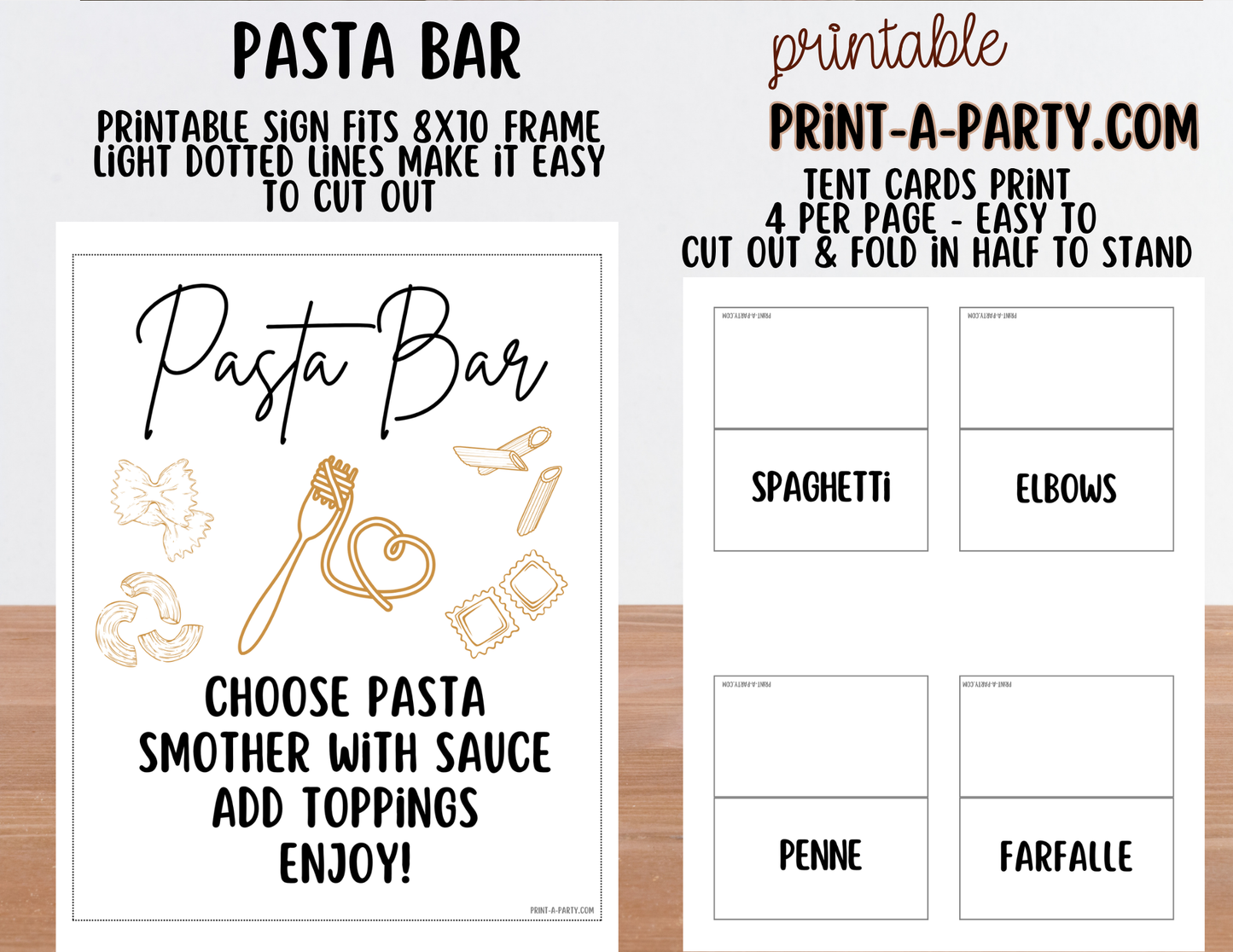 Pasta Bar Printable Sign (8x10) and Topping Tent Cards - Party Event Buffet Decor