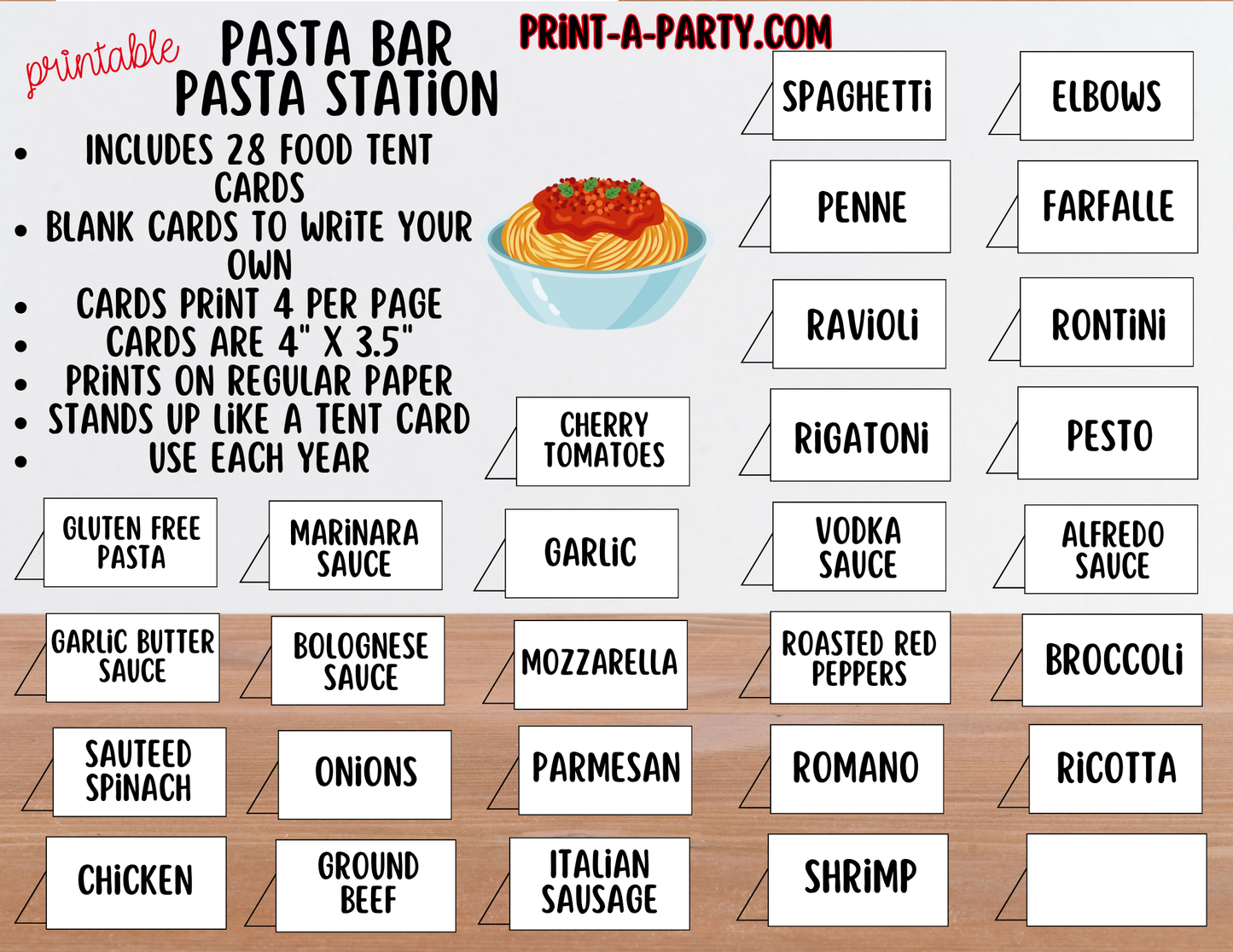 Pasta Bar Printable Sign (8x10) and Topping Tent Cards - Party Event Buffet Decor