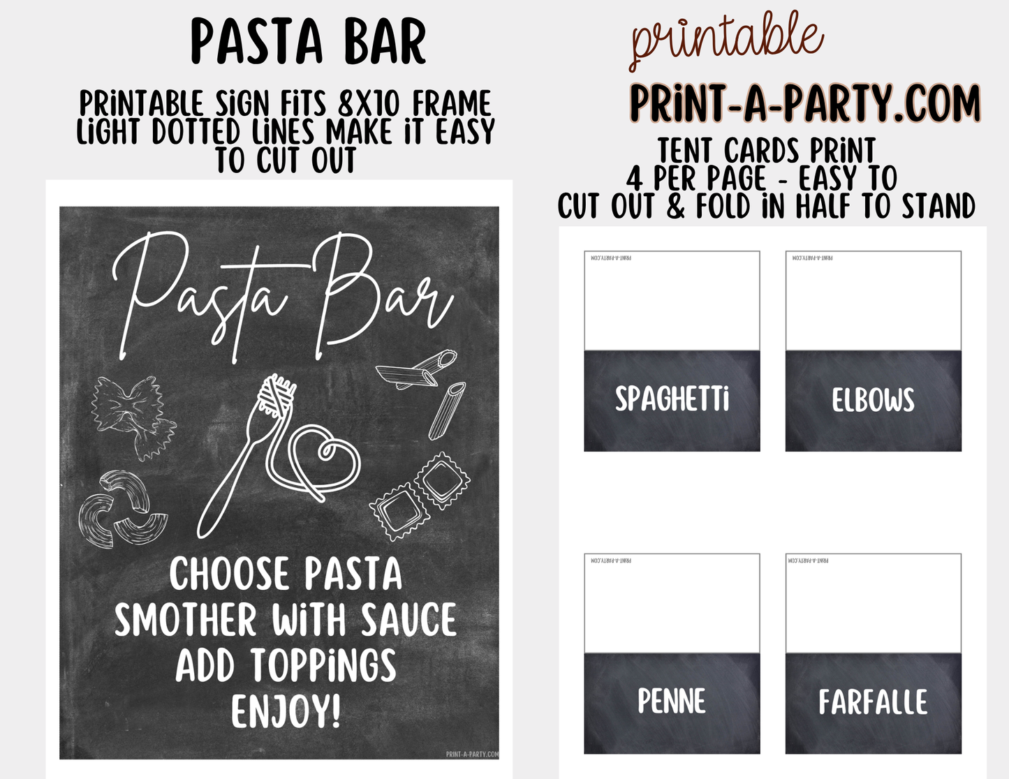Pasta Bar Printable Sign (8x10) and Topping Tent Cards - Party Event Buffet Decor
