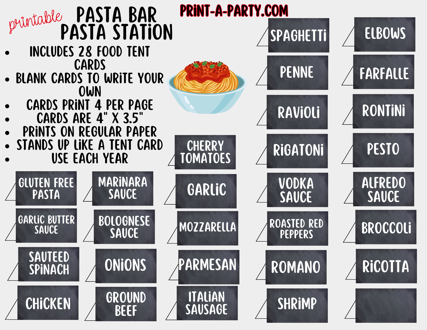 Pasta Bar Printable Sign (8x10) and Topping Tent Cards - Party Event Buffet Decor