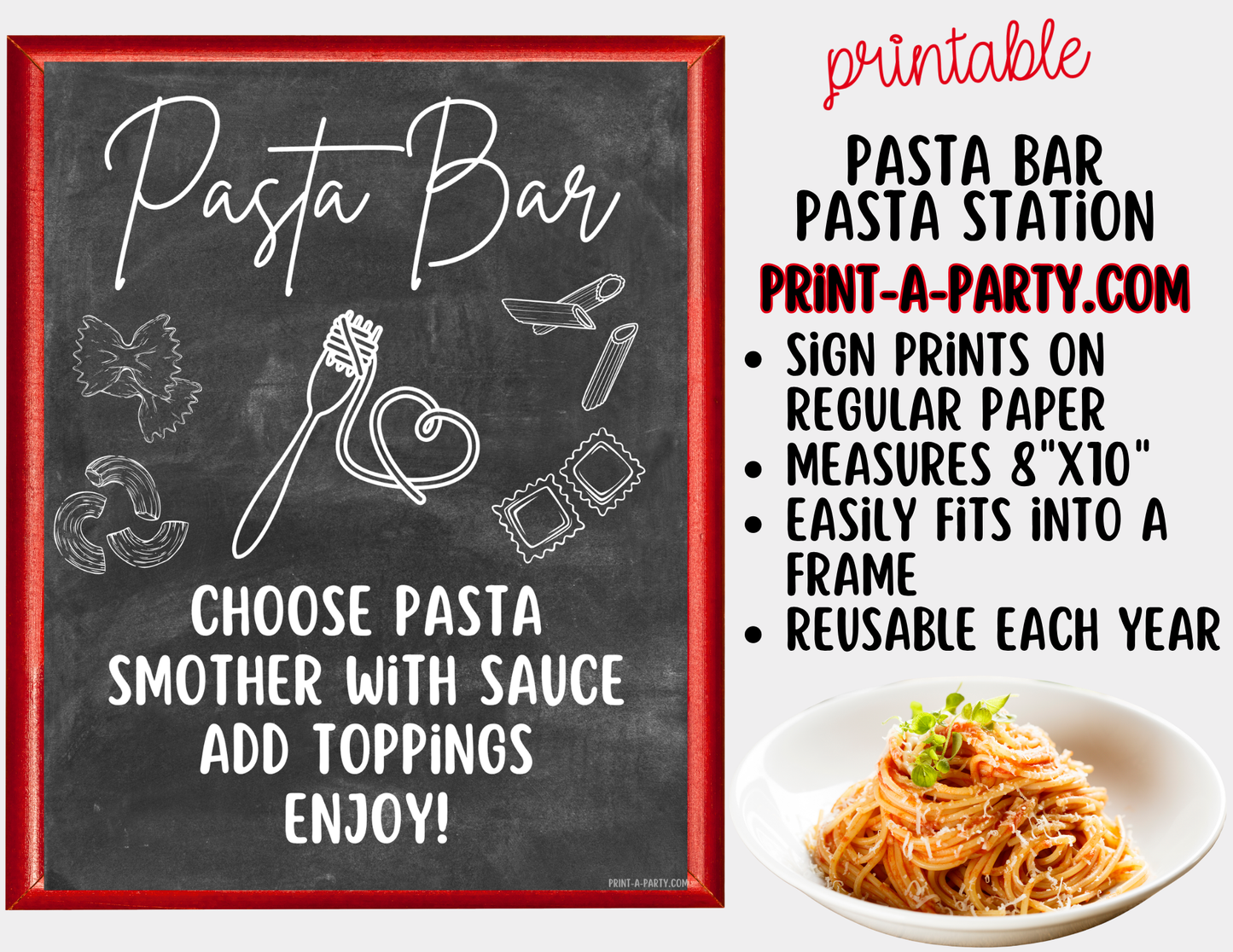 Pasta Bar Printable Sign (8x10) and Topping Tent Cards - Party Event Buffet Decor