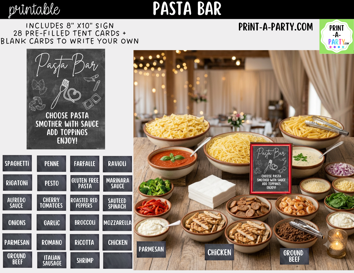 Pasta Bar Printable Sign (8x10) and Topping Tent Cards - Party Event Buffet Decor