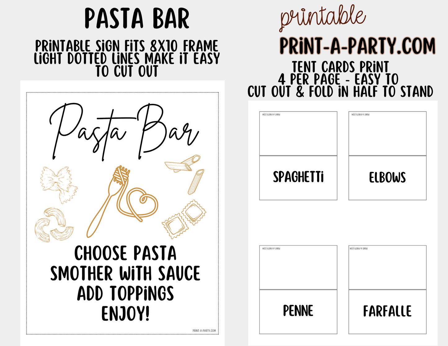 Pasta Bar Printable Sign (8x10) and Topping Tent Cards - Party Event Buffet Decor