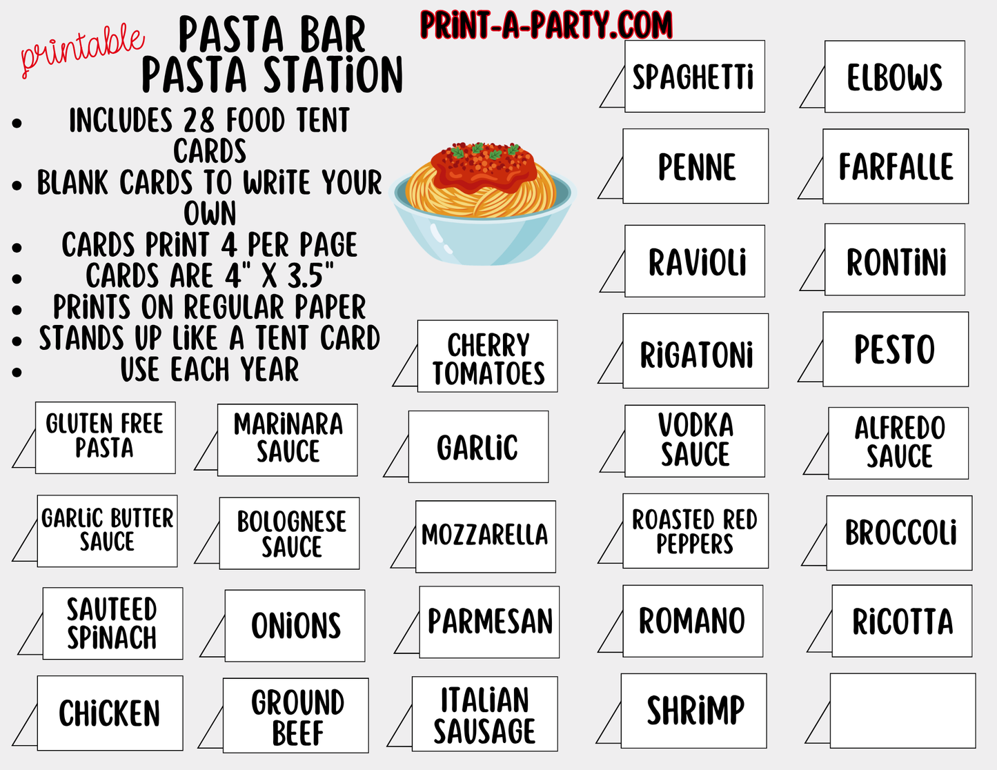 Pasta Bar Printable Sign (8x10) and Topping Tent Cards - Party Event Buffet Decor