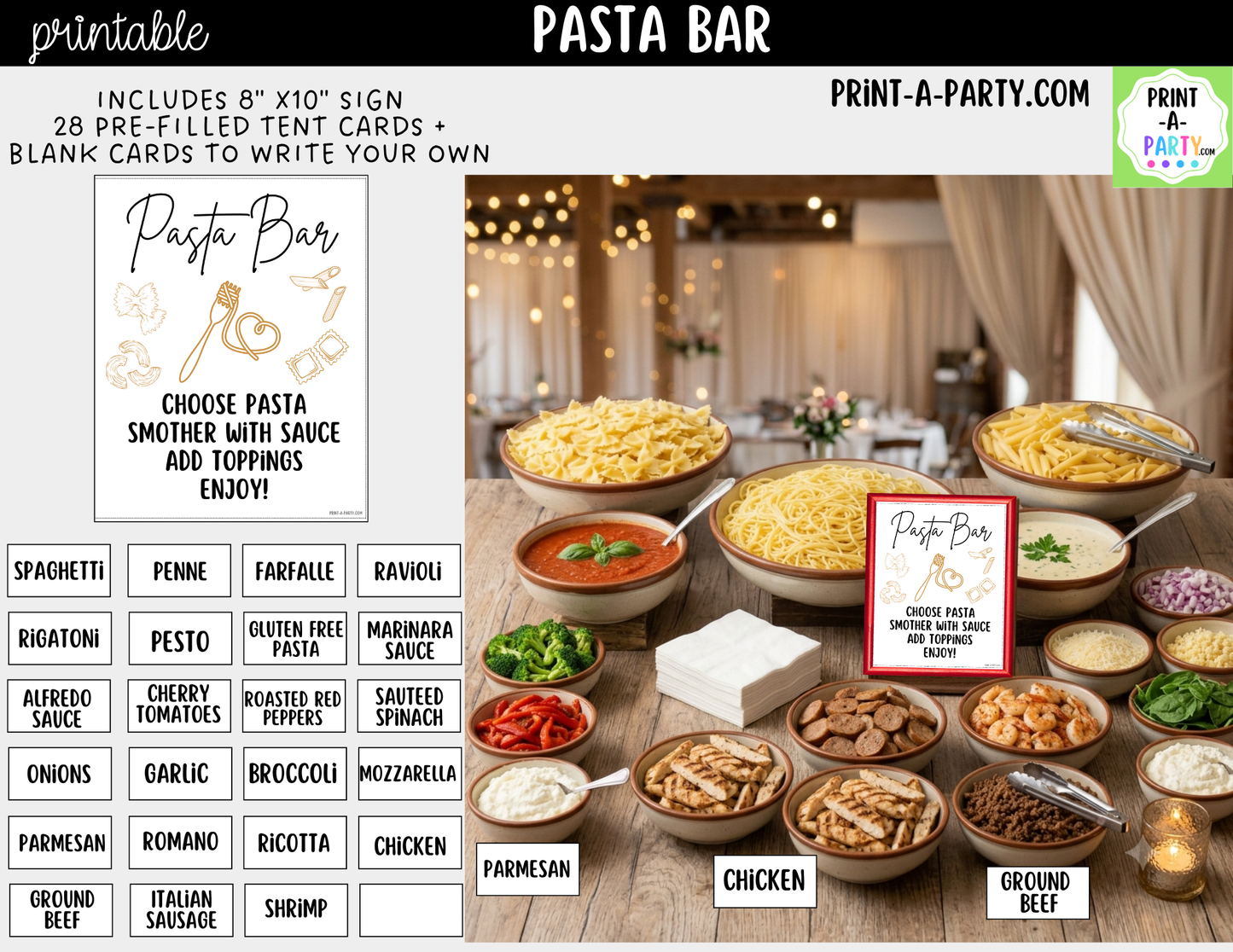 Pasta Bar Printable Sign (8x10) and Topping Tent Cards - Party Event Buffet Decor