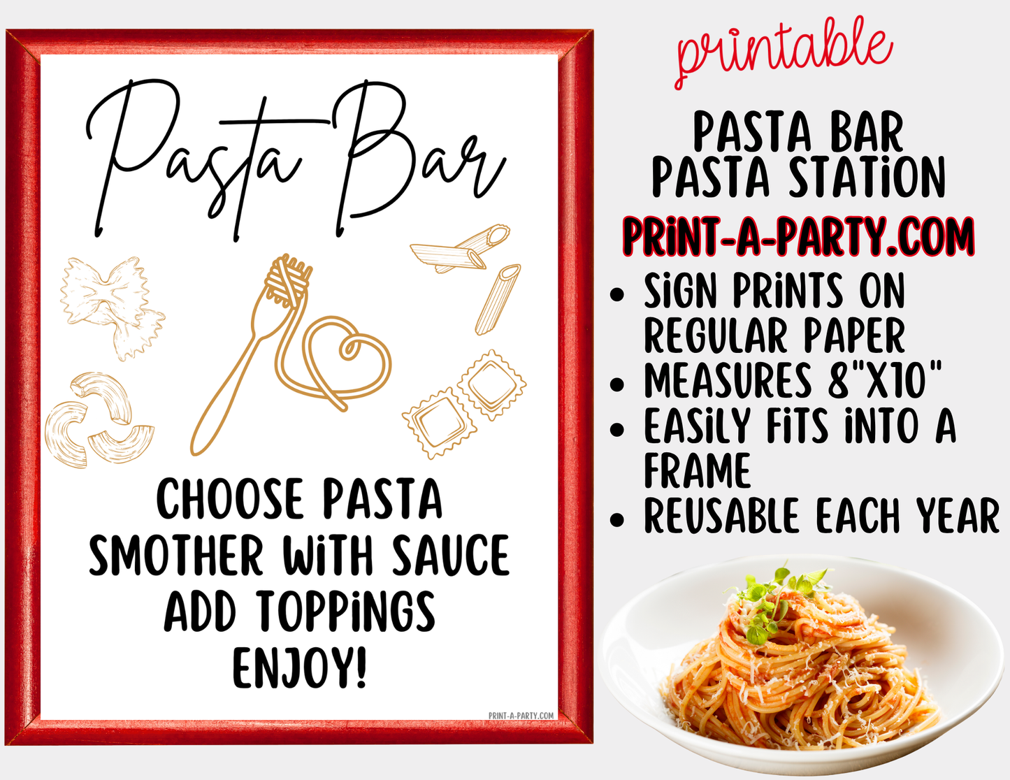 Pasta Bar Printable Sign (8x10) and Topping Tent Cards - Party Event Buffet Decor