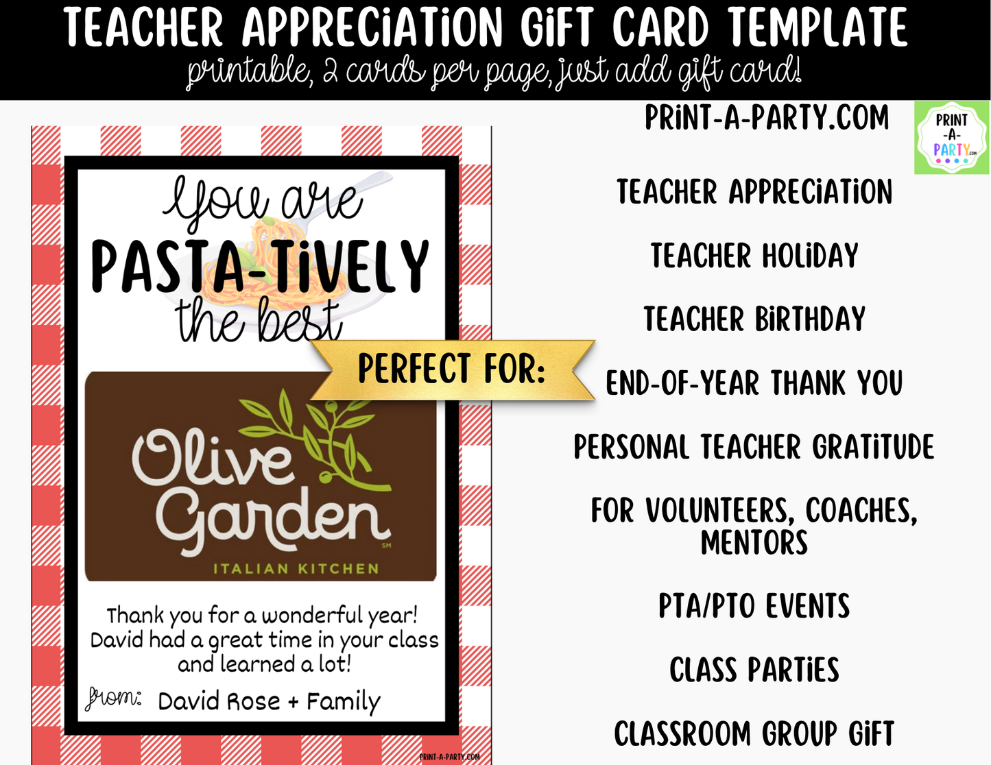 Gift Card Restaurant Templates – Teacher Appreciation Gift Cards for Teacher and Staff Gifts