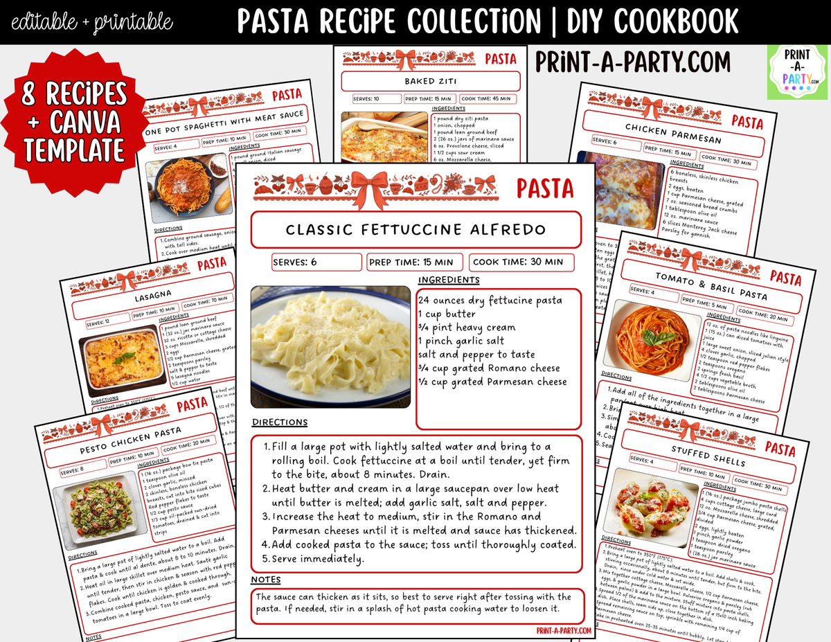 Pasta Dinner Recipe Pages Printable & Editable Cookbook Set
