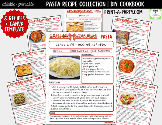 Pasta Dinner Recipe Pages Printable & Editable Cookbook Set