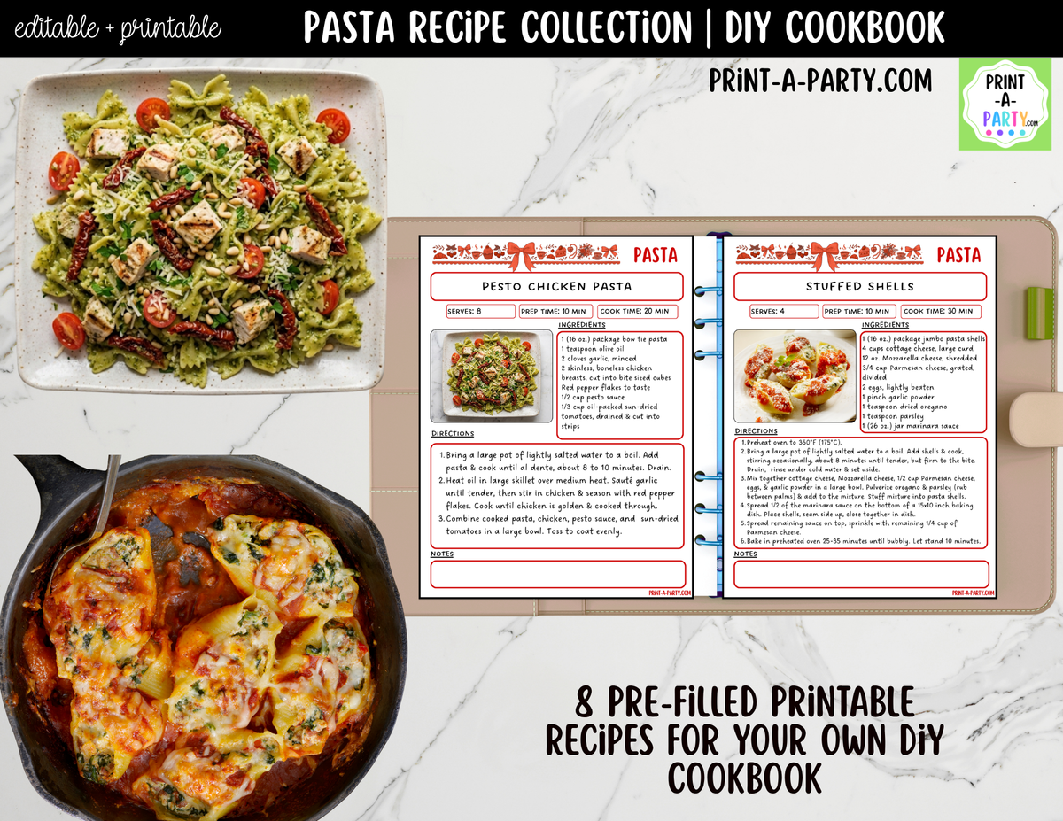 Pasta Dinner Recipe Pages Printable & Editable Cookbook Set