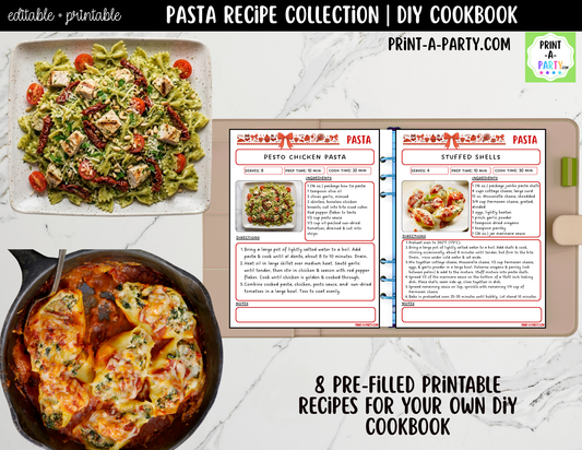 Pasta Dinner Recipe Pages Printable & Editable Cookbook Set