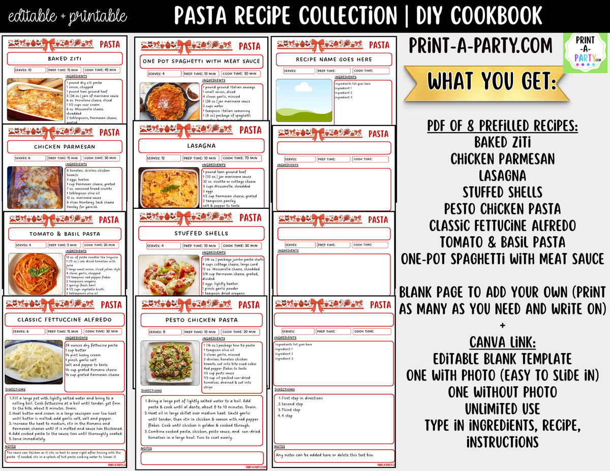 Pasta Dinner Recipe Pages Printable & Editable Cookbook Set