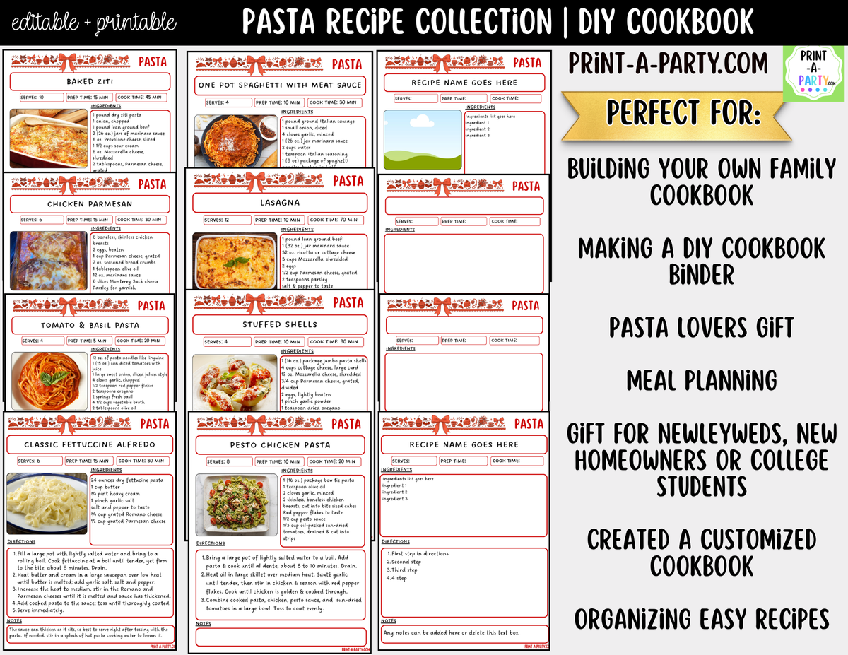 Pasta Dinner Recipe Pages Printable & Editable Cookbook Set