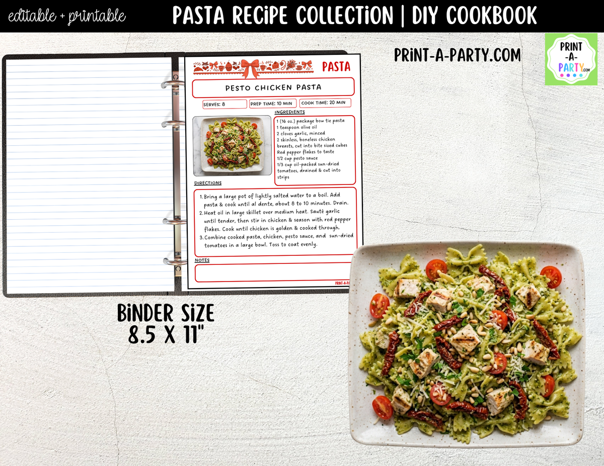 Pasta Dinner Recipe Pages Printable & Editable Cookbook Set