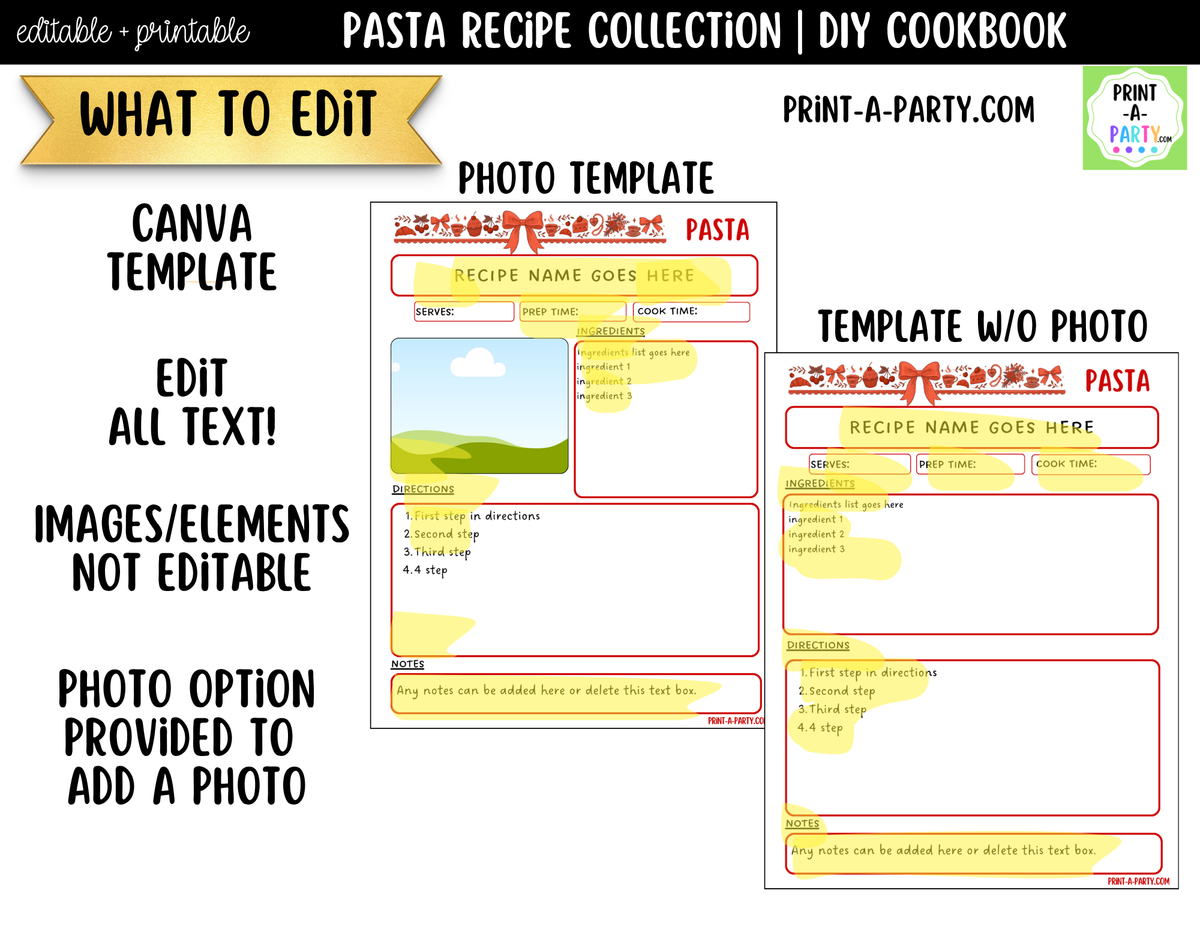 Pasta Dinner Recipe Pages Printable & Editable Cookbook Set