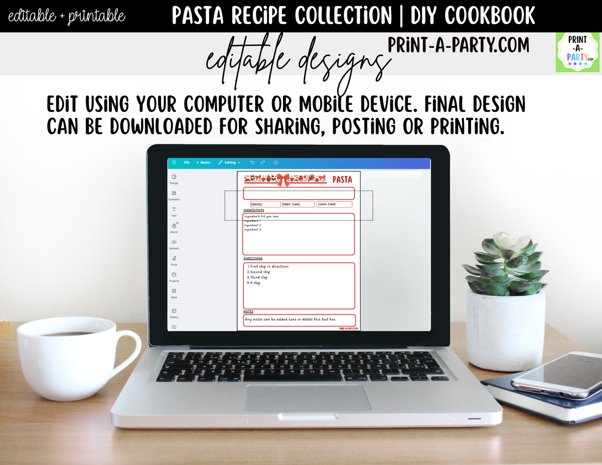 Pasta Dinner Recipe Pages Printable & Editable Cookbook Set