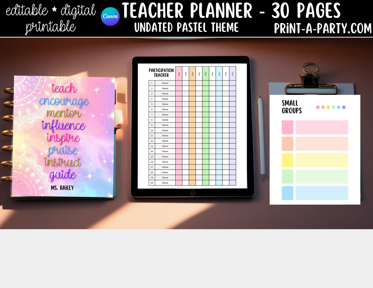 PLANNER: Editable Pastel Teacher Planner Undated | 30-Page Canva Template w Covers