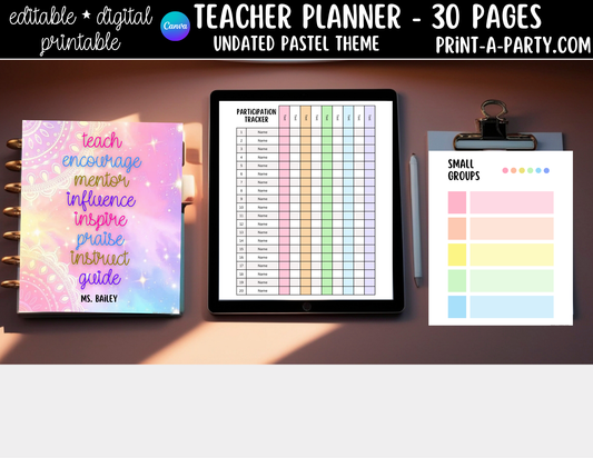 PLANNER: Editable Pastel Teacher Planner Undated | 30-Page Canva Template w Covers