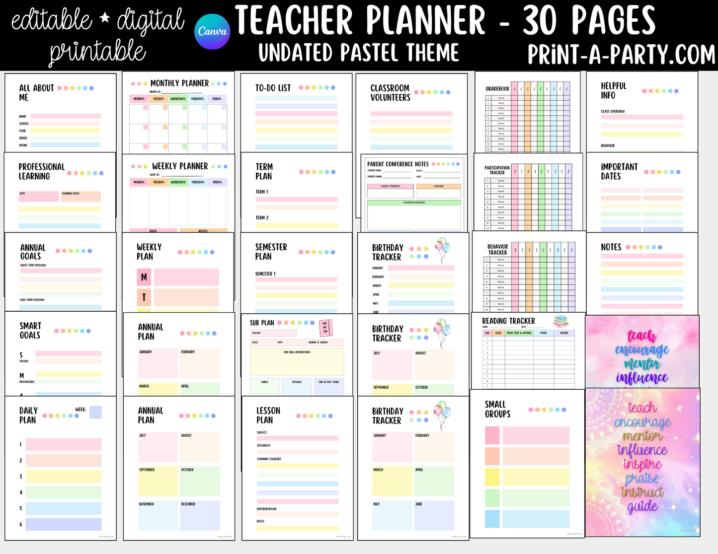 PLANNER: Editable Pastel Teacher Planner Undated | 30-Page Canva Template w Covers