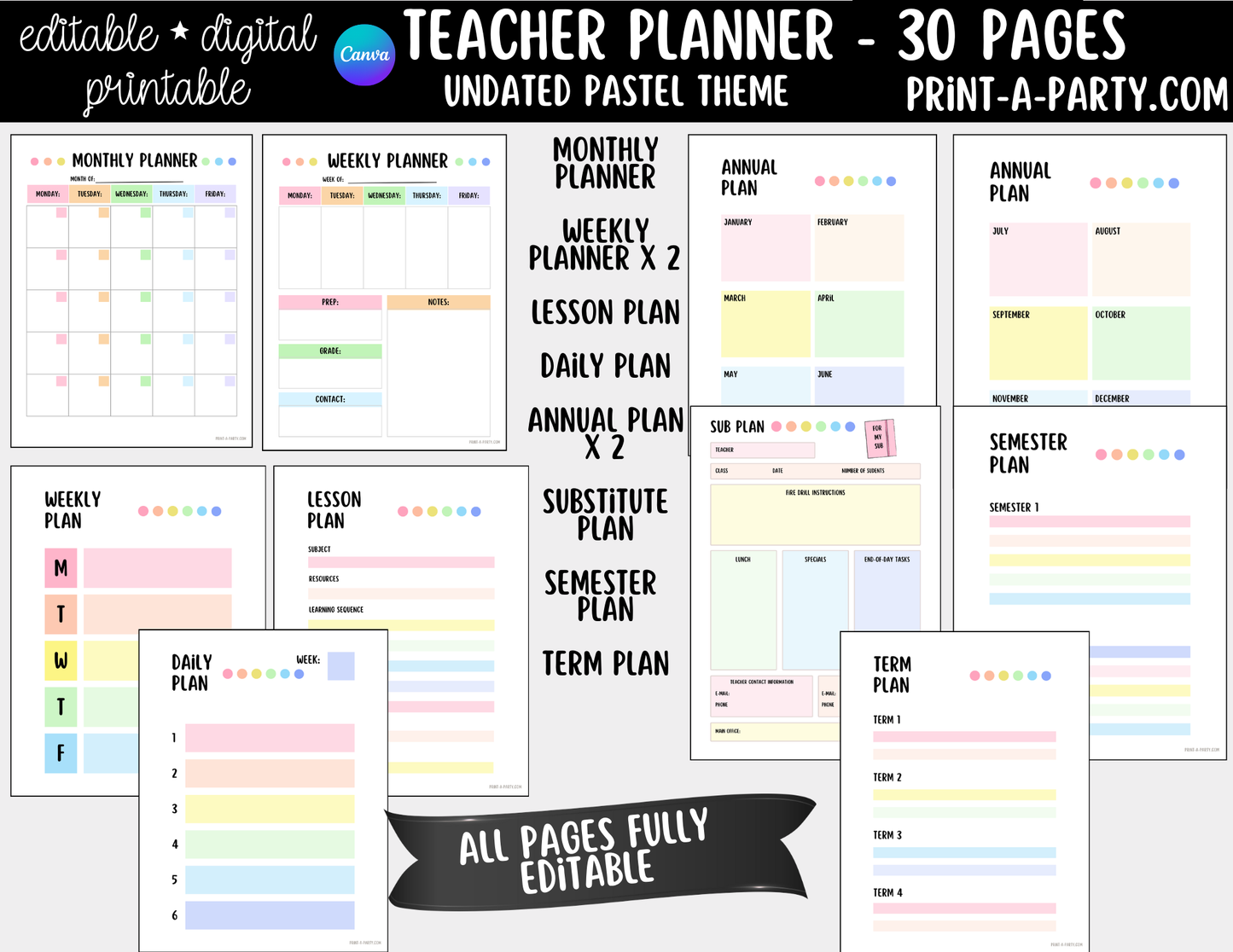 PLANNER: Editable Pastel Teacher Planner Undated | 30-Page Canva Template w Covers