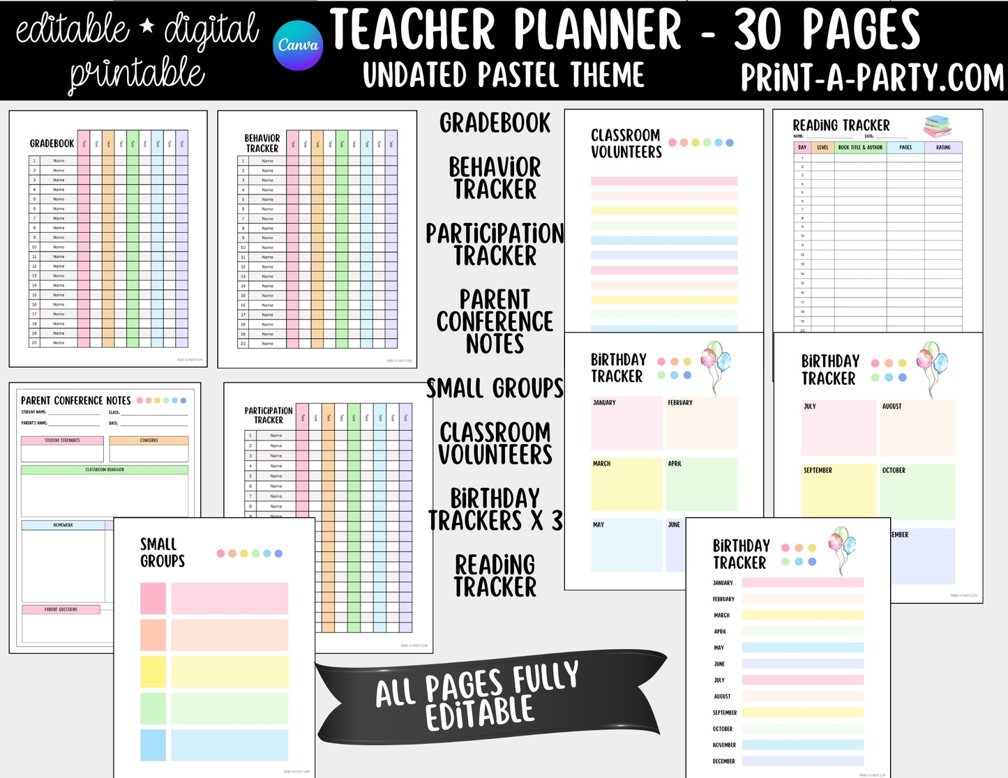 PLANNER: Editable Pastel Teacher Planner Undated | 30-Page Canva Template w Covers
