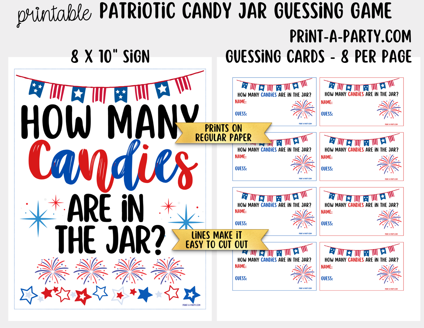 Patriotic (red, white and blue) Candy Jar Guessing Printable Sign (8x10) and guessing cards for 4th of July, Memorial Day or Labor Day