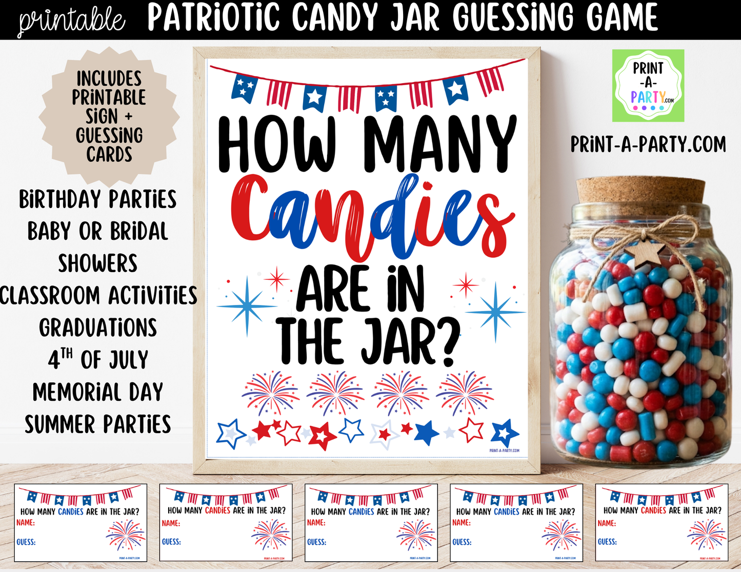 Patriotic (red, white and blue) Candy Jar Guessing Printable Sign (8x10) and guessing cards for 4th of July, Memorial Day or Labor Day