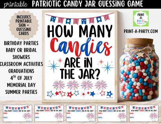 Patriotic (red, white and blue) Candy Jar Guessing Printable Sign (8x10) and guessing cards for 4th of July, Memorial Day or Labor Day