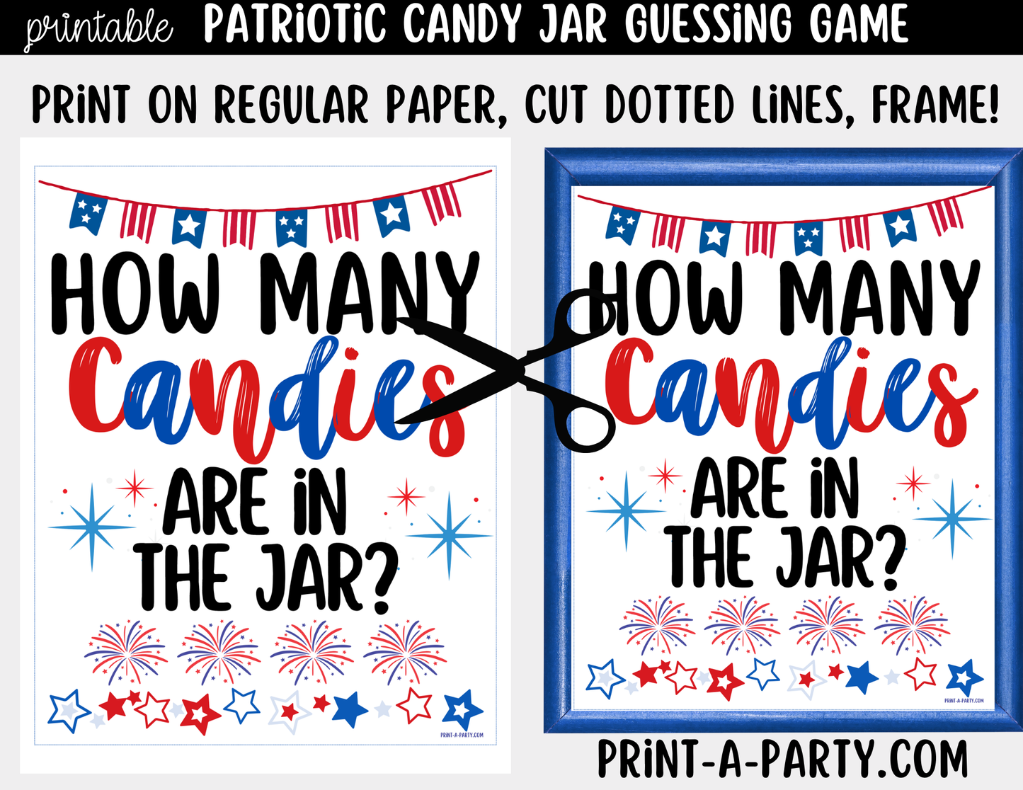 Patriotic (red, white and blue) Candy Jar Guessing Printable Sign (8x10) and guessing cards for 4th of July, Memorial Day or Labor Day