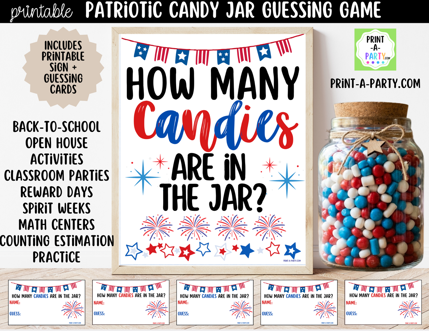 Patriotic (red, white and blue) Candy Jar Guessing Printable Sign (8x10) and guessing cards for 4th of July, Memorial Day or Labor Day