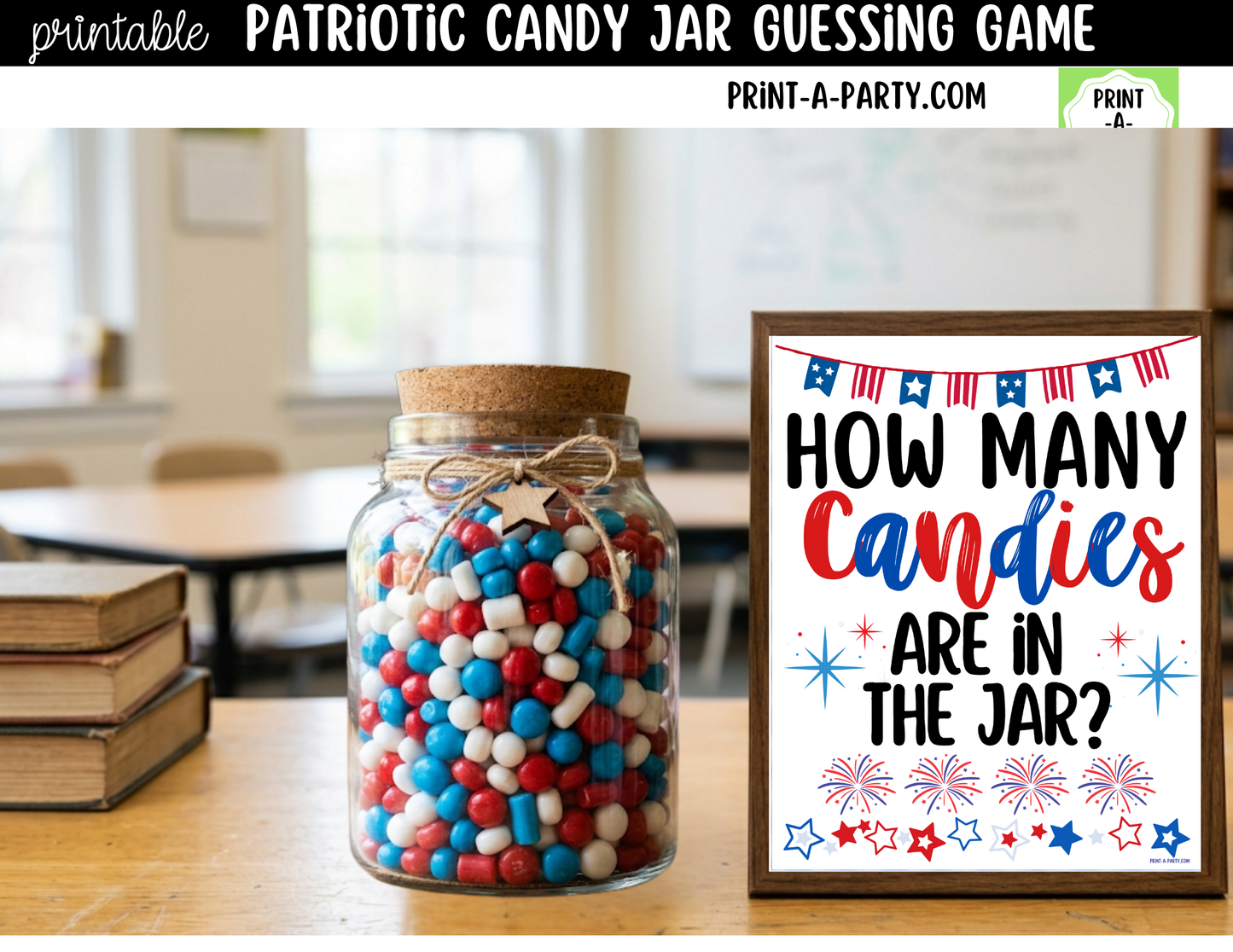 Patriotic (red, white and blue) Candy Jar Guessing Printable Sign (8x10) and guessing cards for 4th of July, Memorial Day or Labor Day