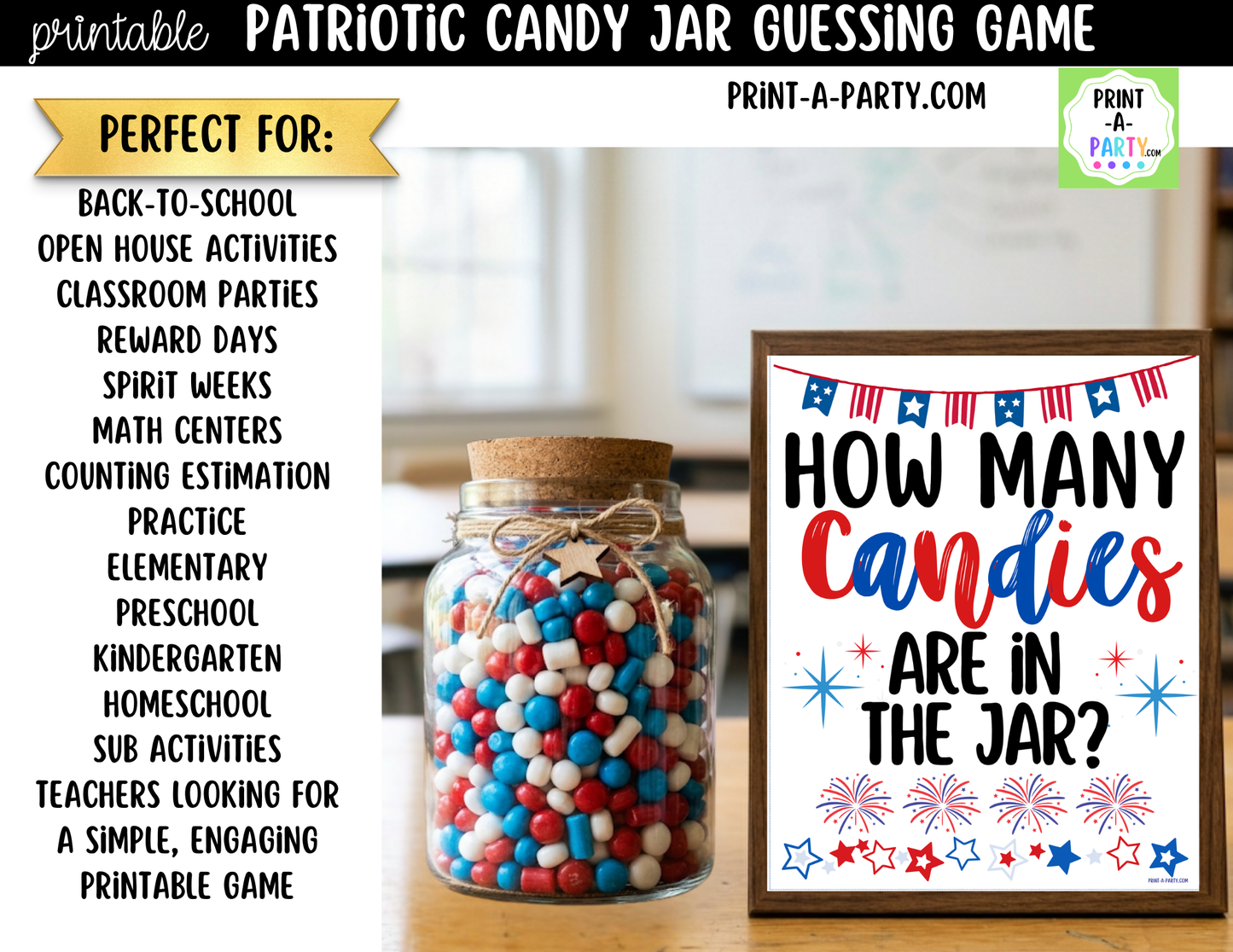 Patriotic (red, white and blue) Candy Jar Guessing Printable Sign (8x10) and guessing cards for 4th of July, Memorial Day or Labor Day