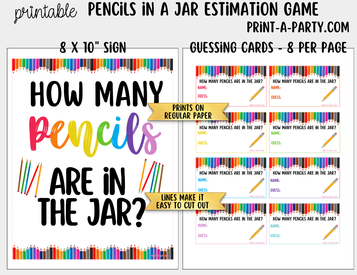 How Many Pencils in Jar Guessing Game Printable – Sign + Guessing Cards for Class Activity