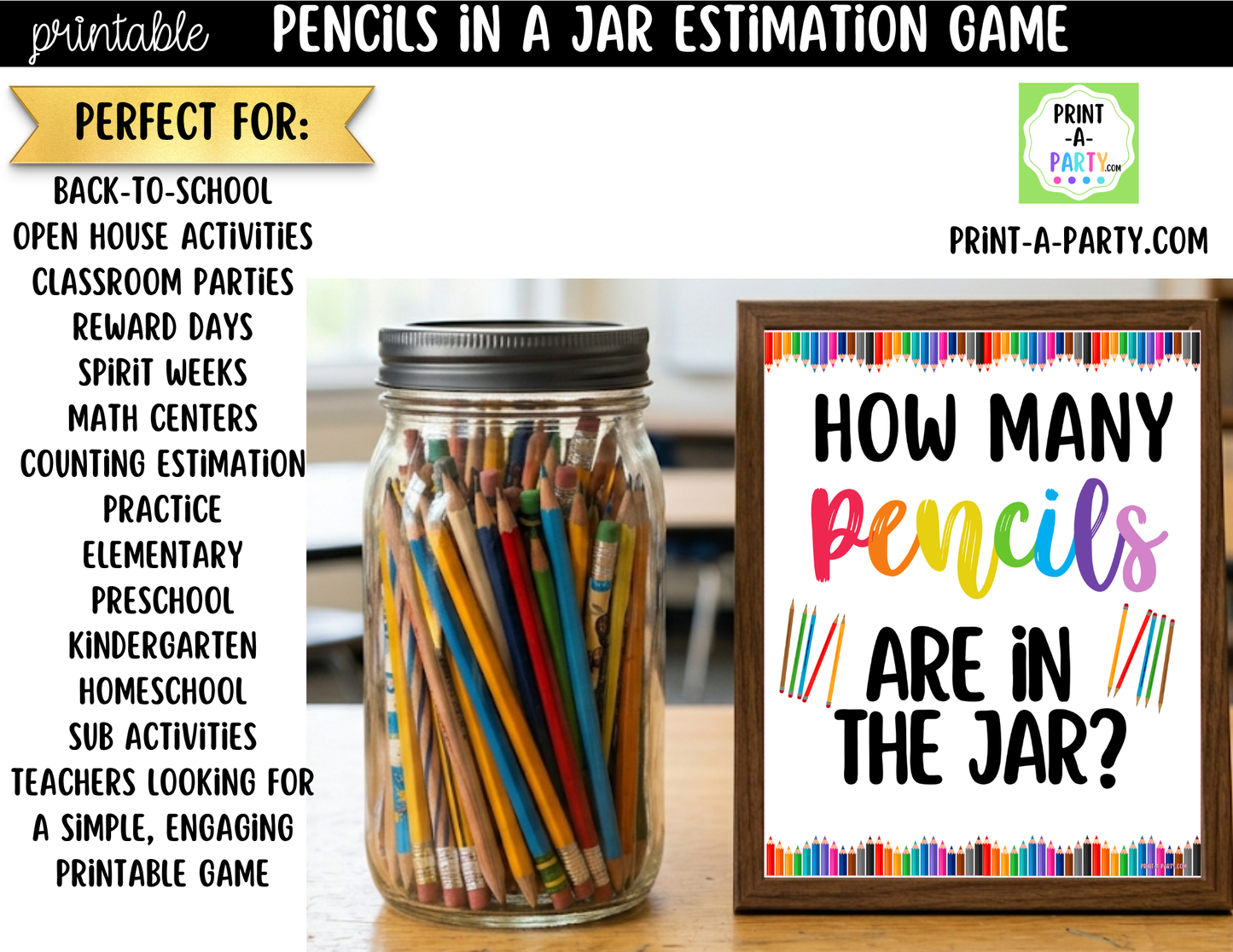 How Many Pencils in Jar Guessing Game Printable – Sign + Guessing Cards for Class Activity