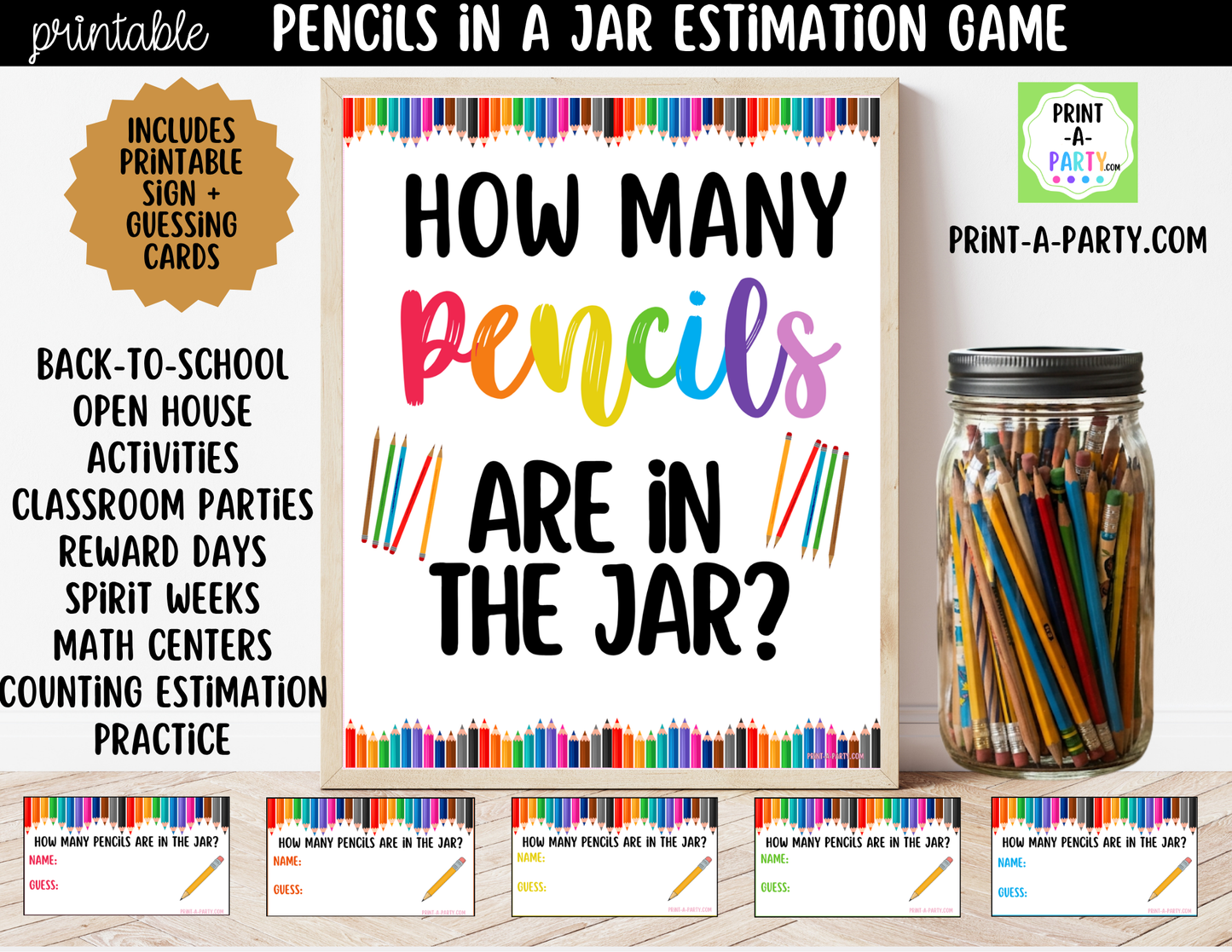 How Many Pencils in Jar Guessing Game Printable – Sign + Guessing Cards for Class Activity