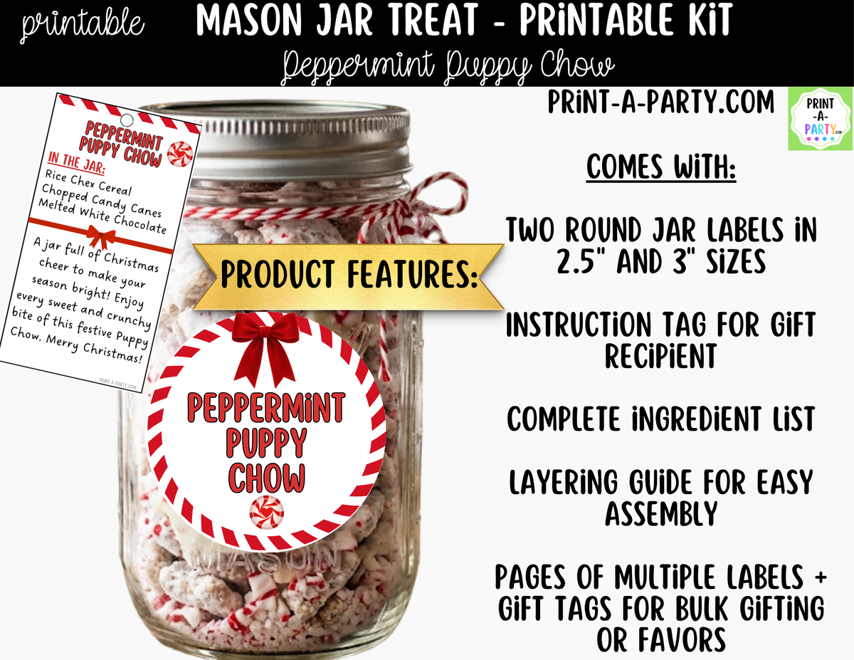 Peppermint Puppy Chow Jar Kit | Labels, Tag, Recipe & Instructions